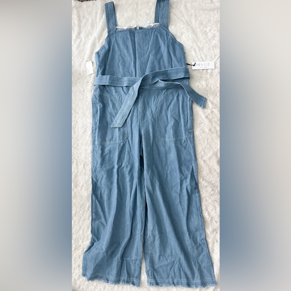 NWT- SAGE THE LABEL Wide Leg Frayed Hem Denim Jumpsuit